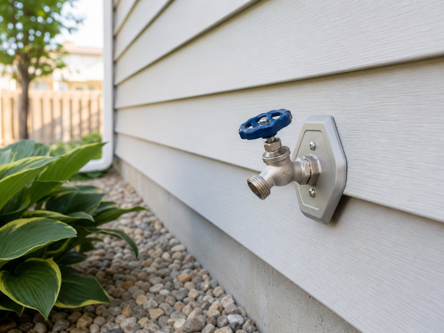 New outdoor water access faucet installed on the exterior of a home